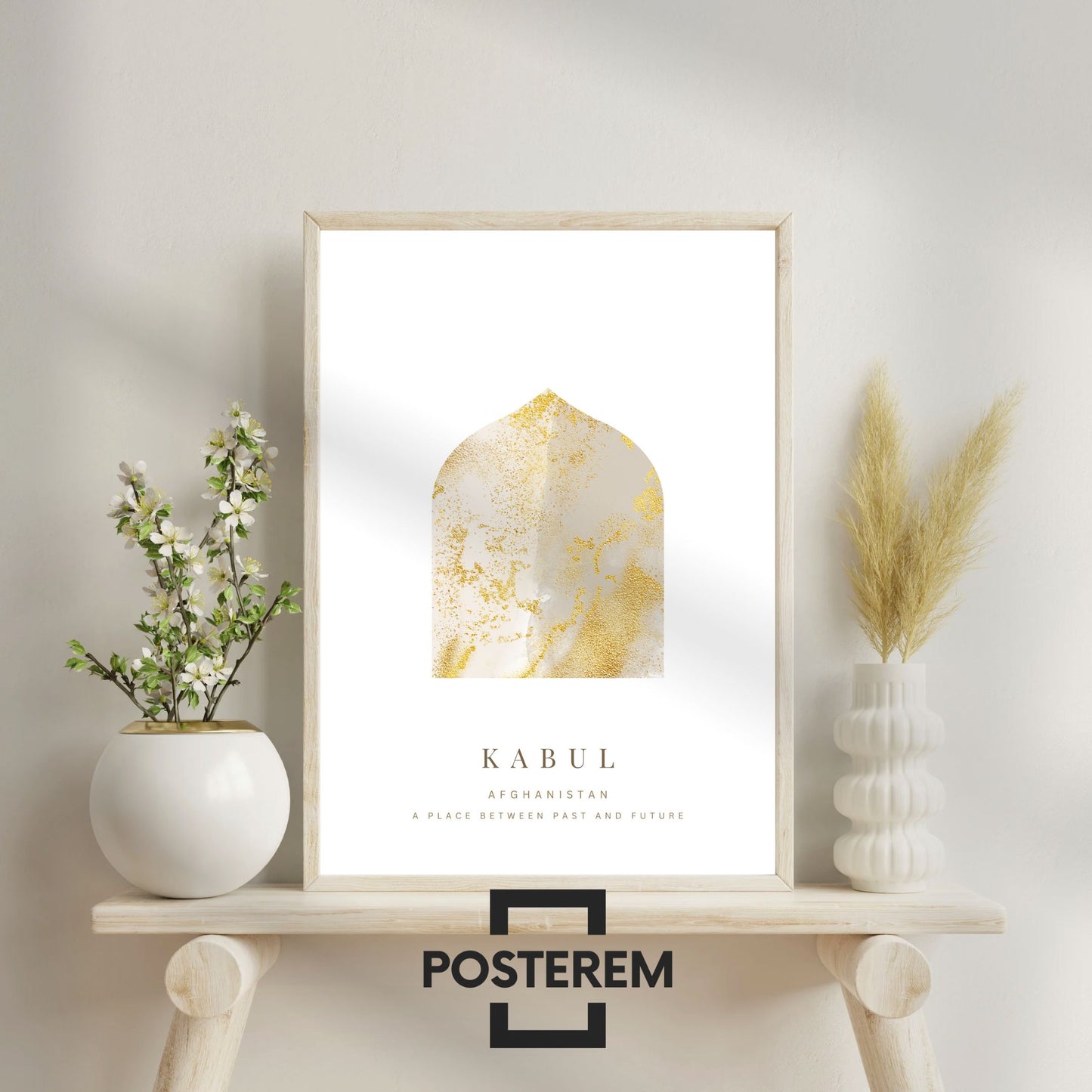 Poster-Set | 3-Teilig | Personalisiert „Afghanistan“ – Karte, Stadt & Familie (Beige-Gold)