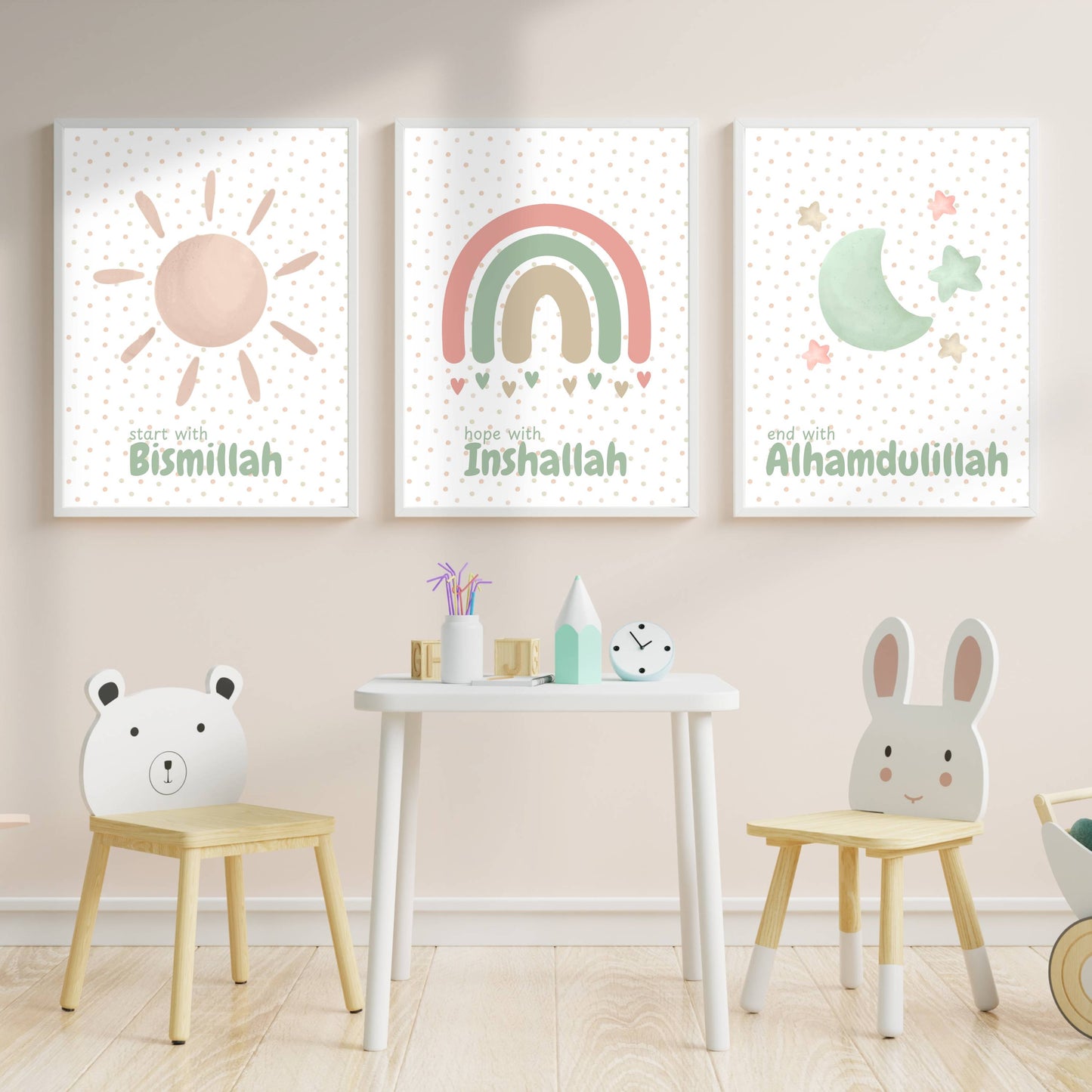 Poster Set | 3-Teilig | Das Boho Kinderzimmer – Bismillah, Inshallah & Alhamdulillah in Pastellfarben