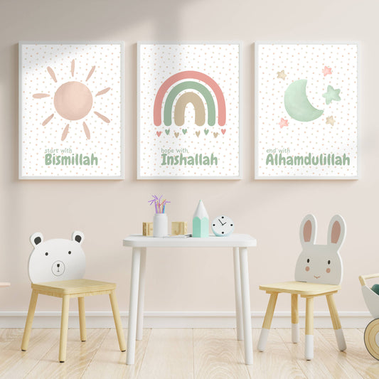 Poster Set | 3-Teilig | Das Boho Kinderzimmer – Bismillah, Inshallah & Alhamdulillah in Pastellfarben