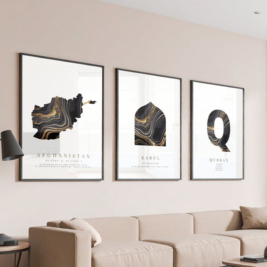 Poster-Set | 3-Teilig | Personalisiert „Afghanistan“ – Karte, Stadt & Familie (Schwarz-Gold)
