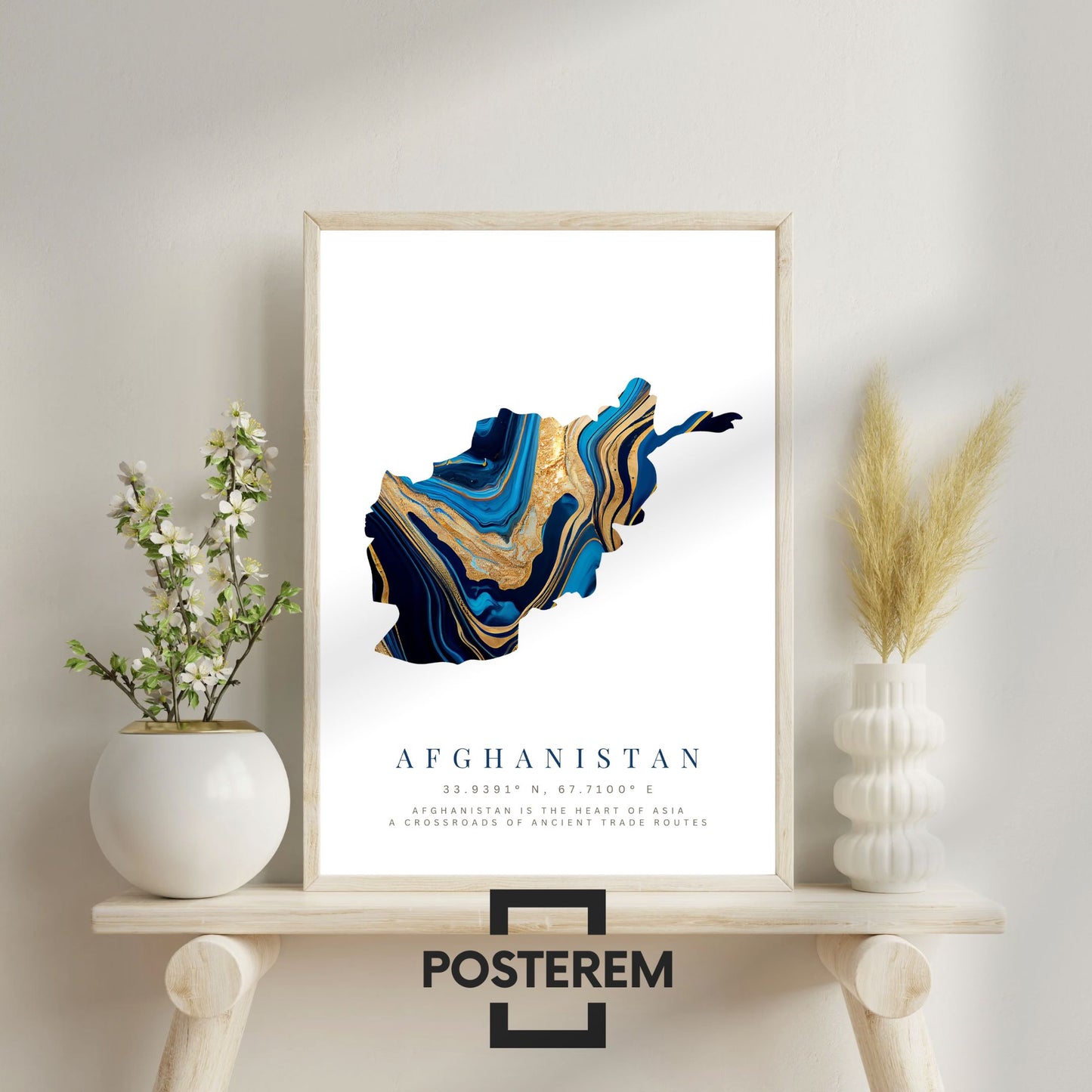 Poster-Set | 3-Teilig | Personalisiert „Afghanistan“ – Karte, Stadt & Familie (Blau-Gold)