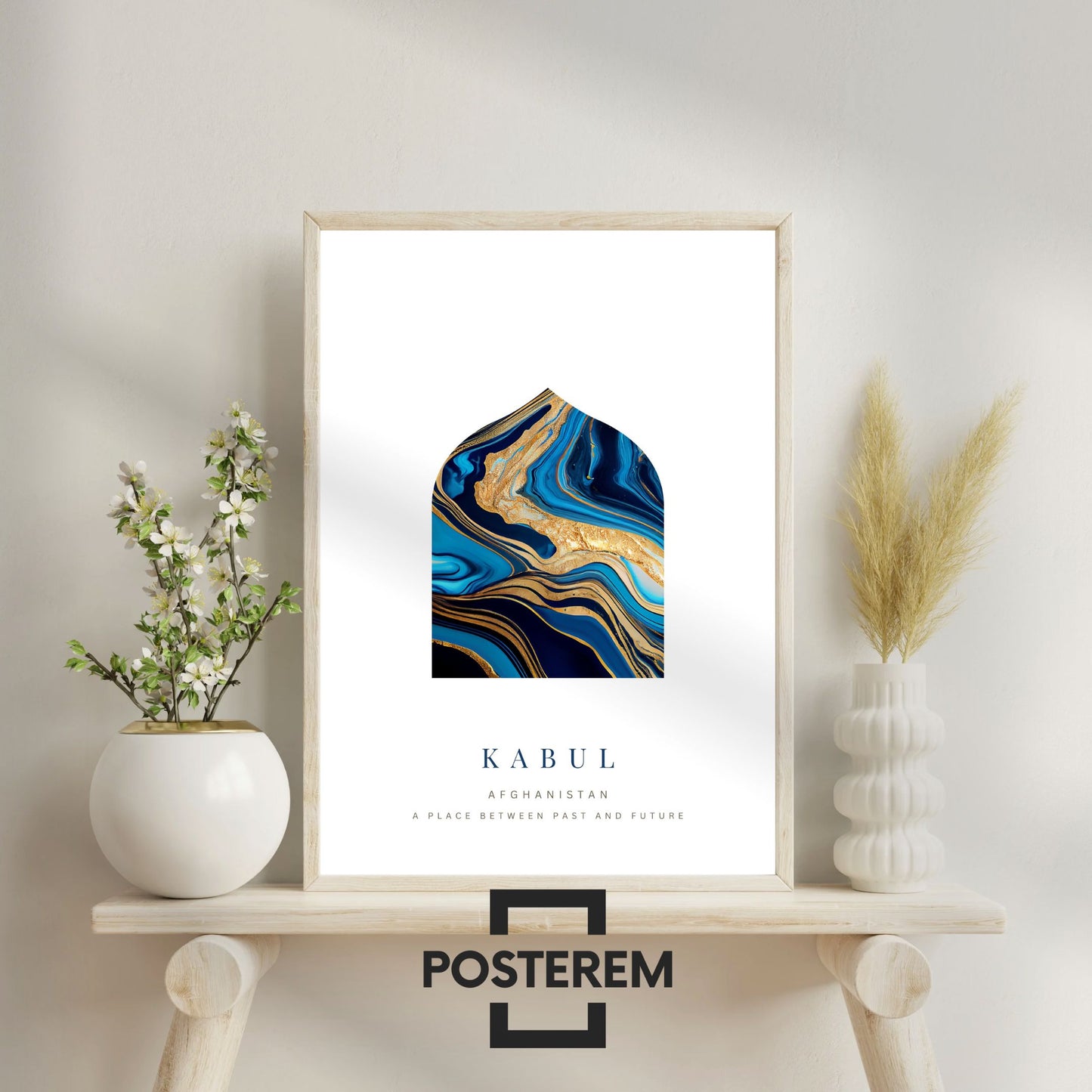 Poster-Set | 3-Teilig | Personalisiert „Afghanistan“ – Karte, Stadt & Familie (Blau-Gold)