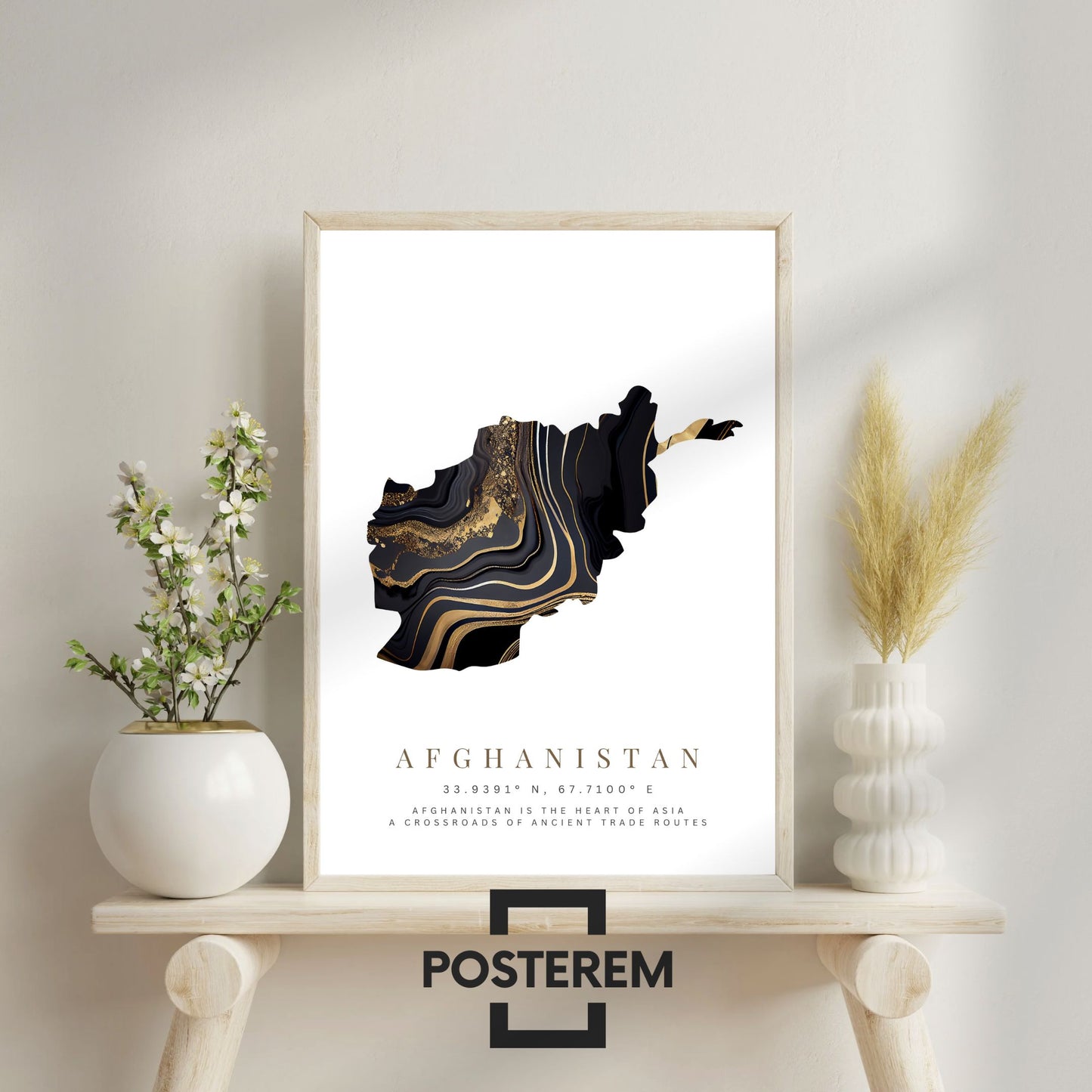 Poster-Set | 3-Teilig | Personalisiert „Afghanistan“ – Karte, Stadt & Familie (Schwarz-Gold)