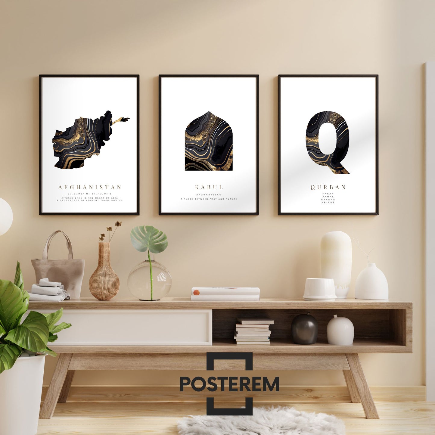 Poster-Set | 3-Teilig | Personalisiert „Afghanistan“ – Karte, Stadt & Familie (Schwarz-Gold)
