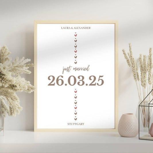 Personalisiertes Hochzeits-Poster – "Just Married" mit Namen, Datum & Ort
