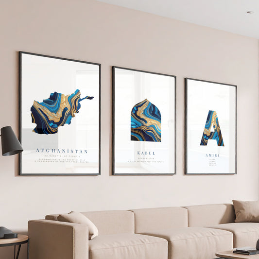 Poster-Set | 3-Teilig | Personalisiert „Afghanistan“ – Karte, Stadt & Familie (Blau-Gold)